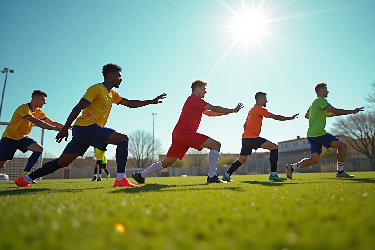 Groupe de joueurs de football en échauffement collectif sur le terrain