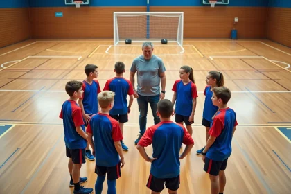 Groupe de jeunes handballeurs en discussion sur le terrain
