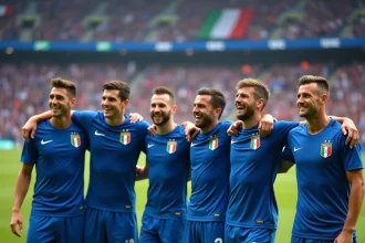 Joueurs de l'équipe nationale italienne de football en maillot bleu Azzurri célébrant ensemble sur la pelouse d'un grand stade