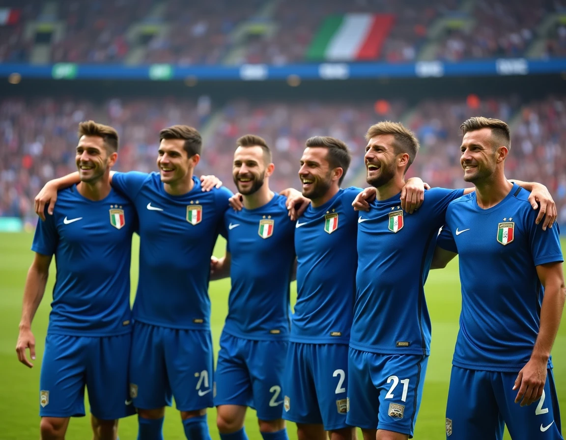 Joueurs de l'équipe nationale italienne de football en maillot bleu Azzurri célébrant ensemble sur la pelouse d'un grand stade