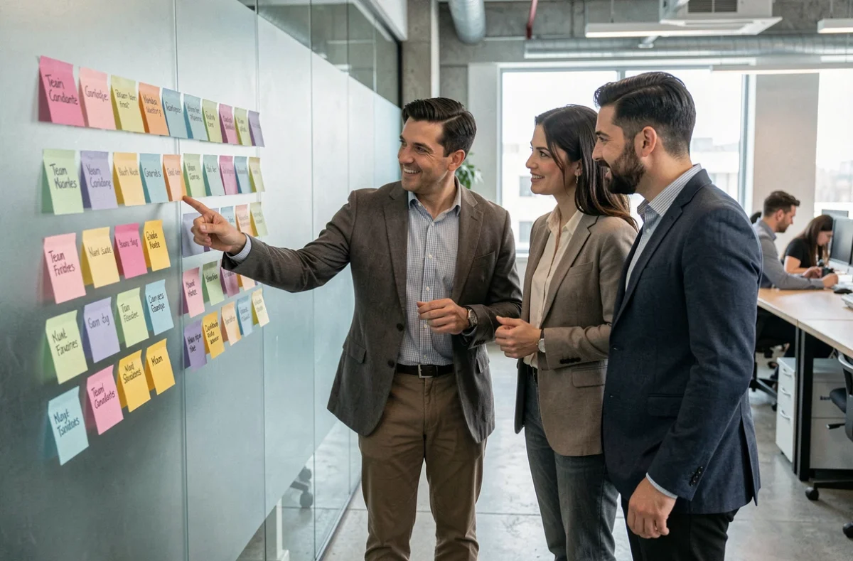 Équipe de travail analysant des post-its sur une vitre pour choisir le meilleur nom d'équipe en entreprise
