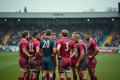 Joueurs de rugby amateurs en cercle avant un match de Fédérale 2 Poule 3, stadium municipal français