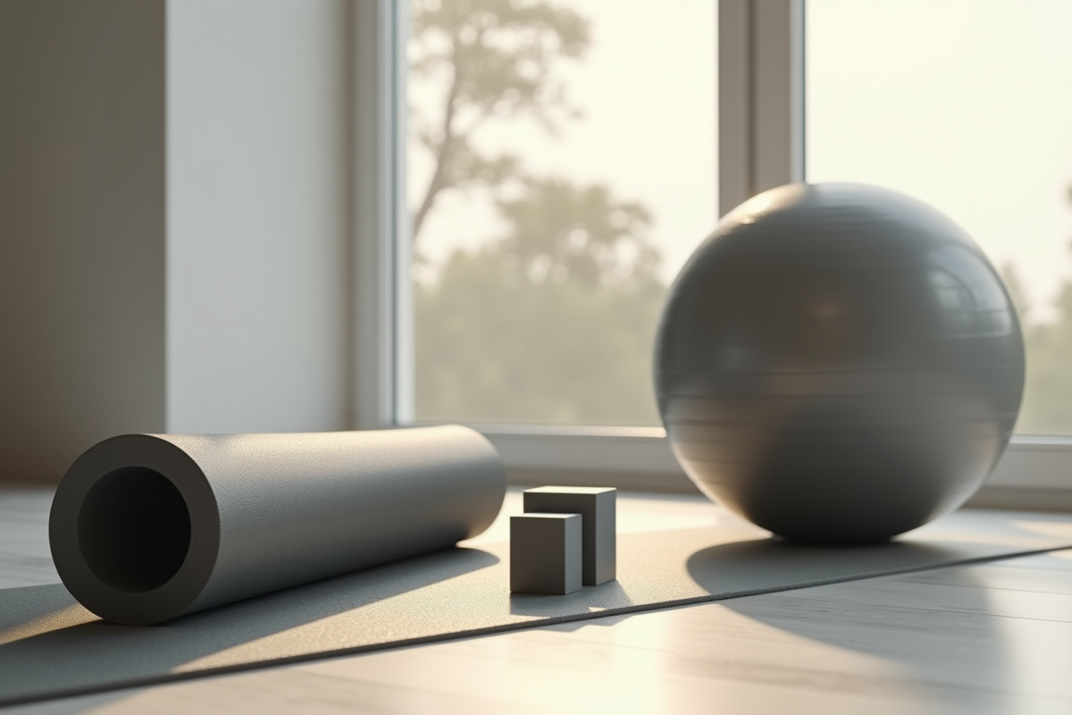 Accessoires Pilates essentiels sur tapis de fitness gris