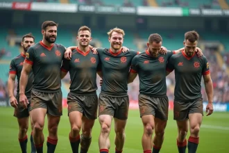Groupe de joueurs de rugby souriants apr&egrave;s un match sur le terrain