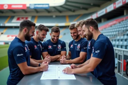 Groupe de joueurs de rugby français en discussion avant un match