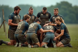 Groupe de joueurs de rugby après match dans la boue