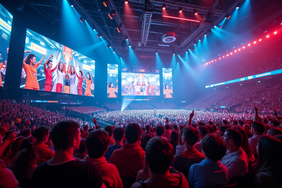 Grand événement esport dans une arena bondée avec fans enthousiastes