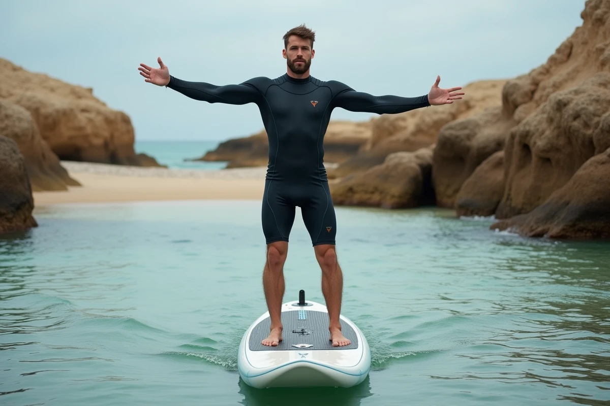 Jeune homme pratiquant des exercices d'équilibre sur un stand-up paddleboard dans une crique côtière peu profonde