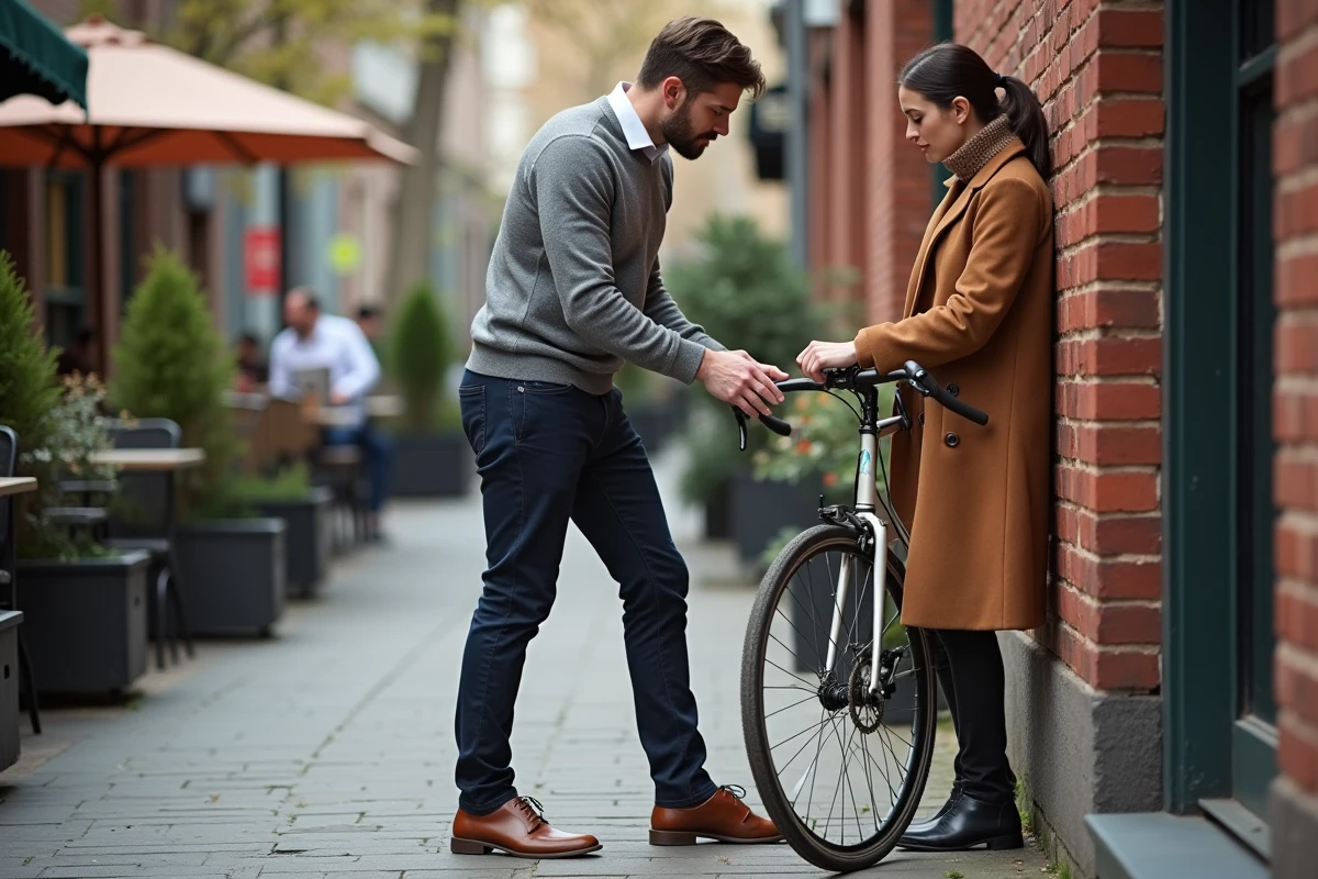 Homme expliquant le fonctionnement du frein à rétropédalage d'un vélo de ville à une femme sur un trottoir urbain