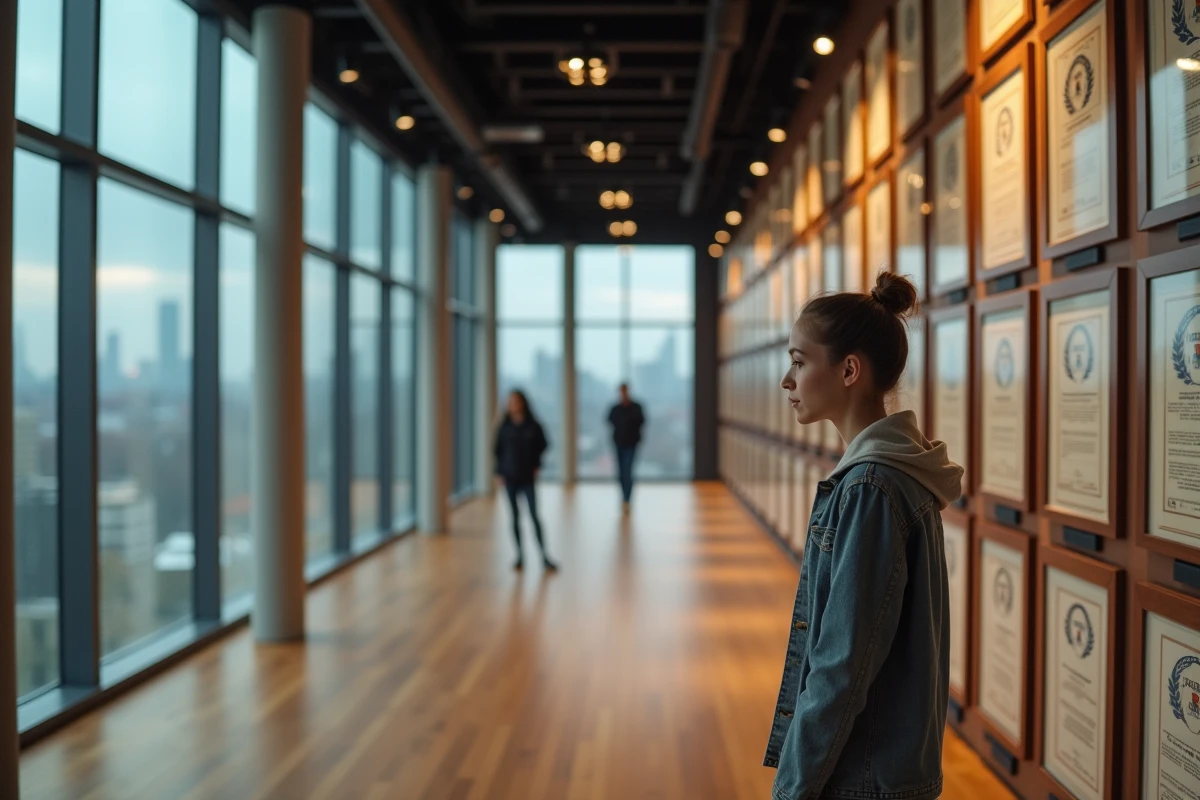 Jeune femme examine des records dans un hall moderne