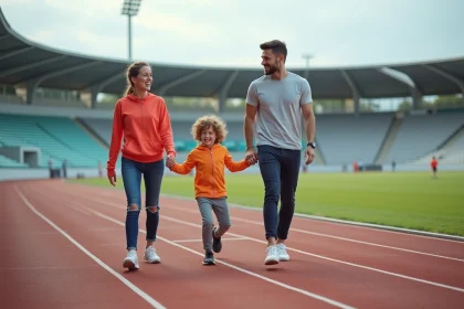 Famille souriante courant sur une piste extérieure au complexe sportif