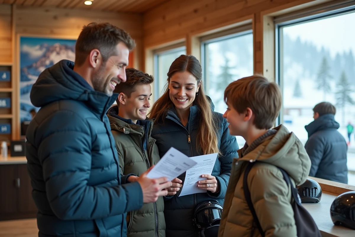 Famille consultant son forfait et son contrat de location de ski au comptoir d'accueil des Arcs 1800