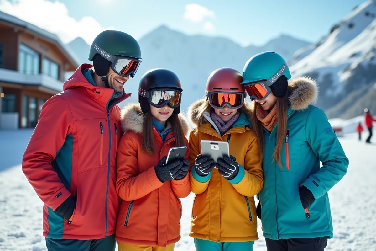 Famille comparant le coût d'une semaine de ski à La Plagne sur smartphone au pied des pistes
