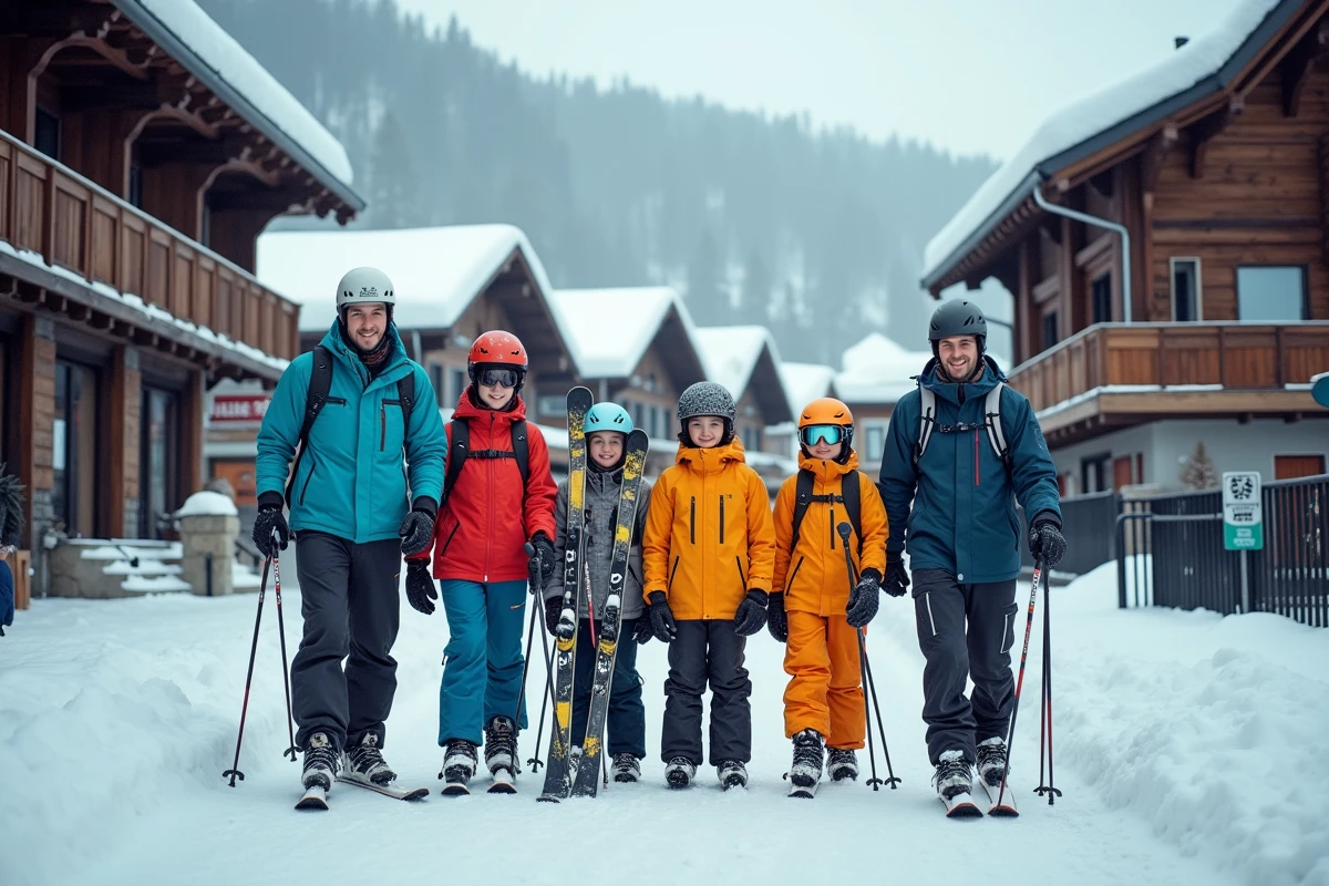 Famille transportant du matériel de ski loué à l'extérieur d'une boutique dans un village alpin enneigé