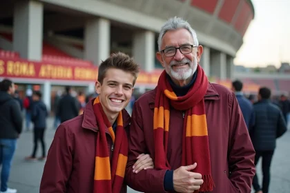 Homme italien et son fils avec écharpes AS Roma devant le stade