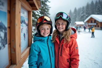 Jeune gar&ccedil;on souriant avec sa m&egrave;re au ski aux Deux Alpes