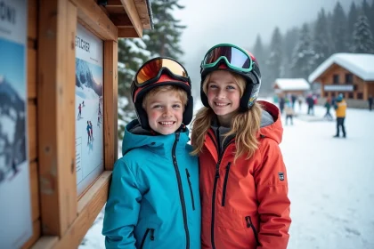 Jeune garçon souriant avec sa mère au ski aux Deux Alpes