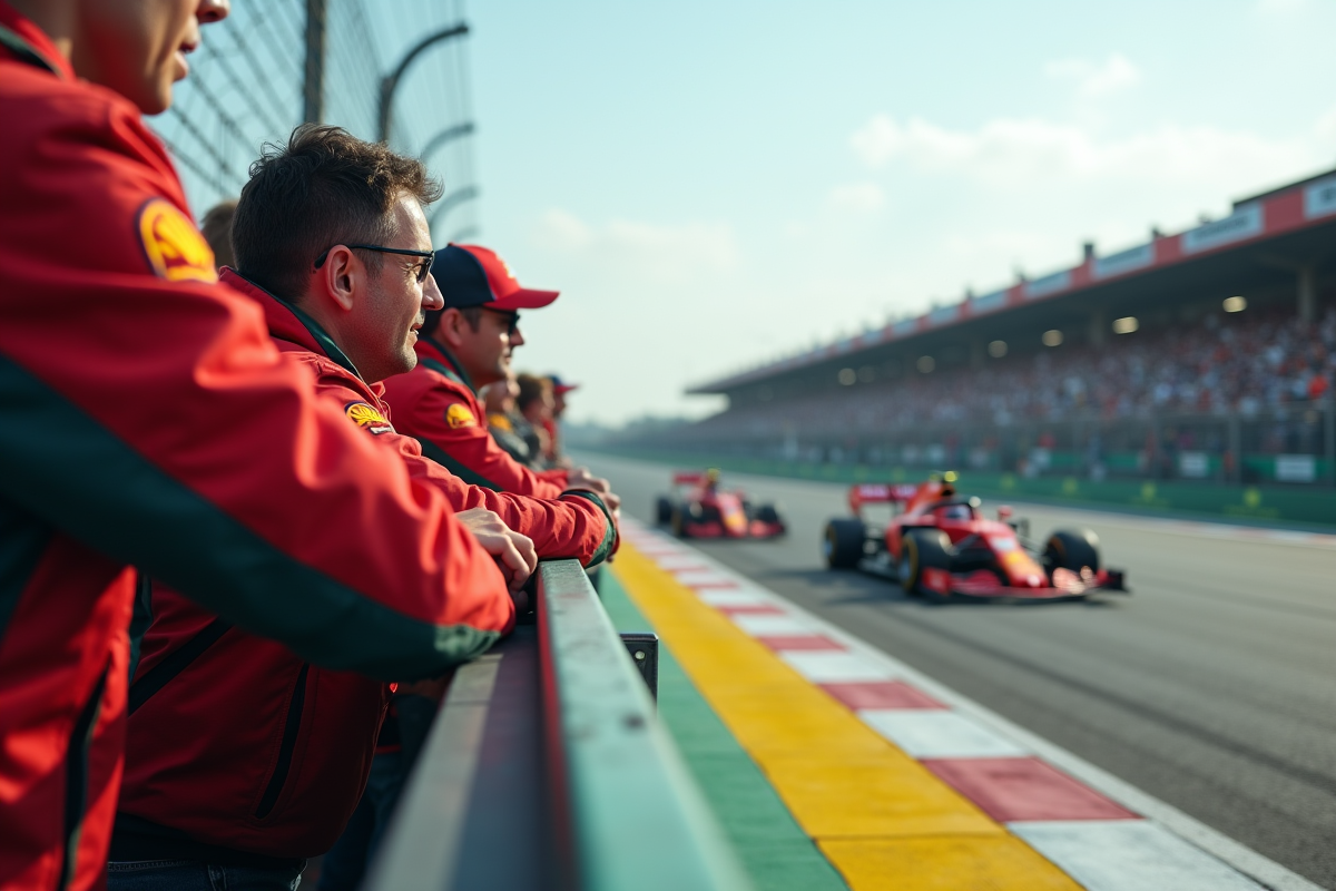 Fans de motorsport regardant course F1 et MotoGP en extérieur