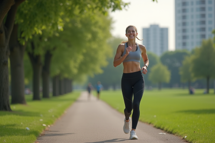 Femme sportive en pleine marche dans un parc urbain