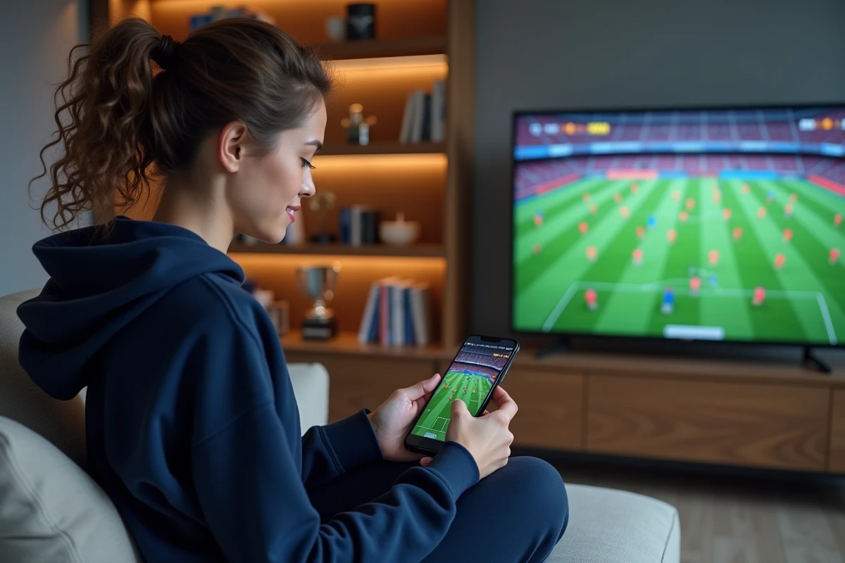 Une femme analyse la composition de l'équipe du FC Barcelone sur son smartphone dans son salon