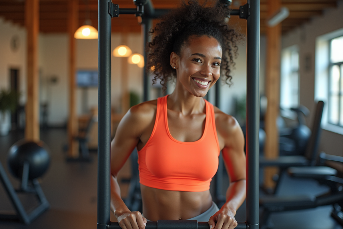 Jeune femme souriante ajustant une machine de musculation dans un centre