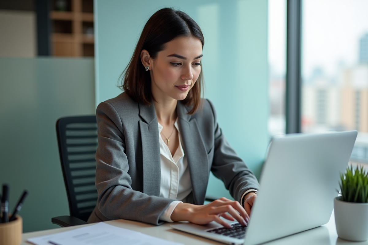 Femme professionnelle tapant sur un ordinateur portable moderne