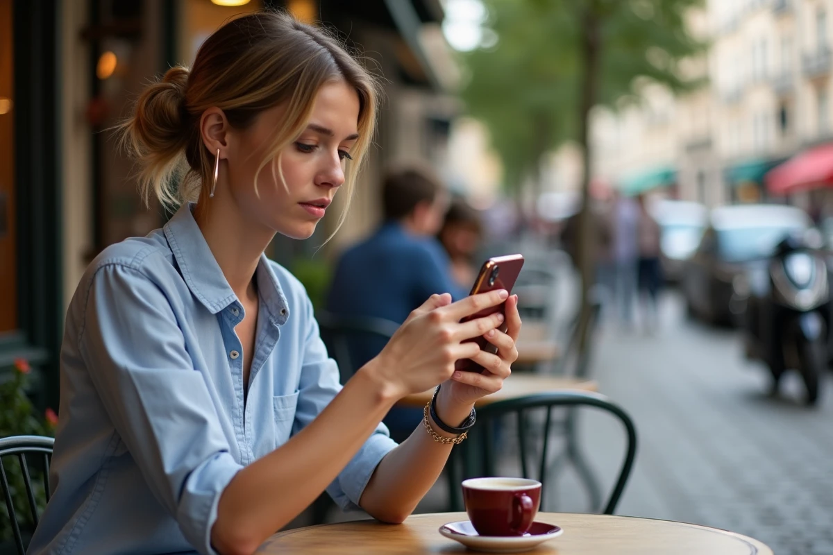 Femme regardant son smartphone avec MotoGP à un café parisien