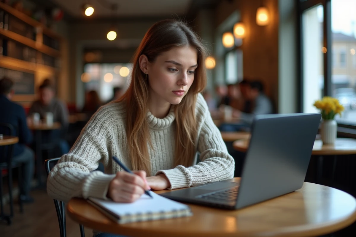 Femme étudie résultats rugby sur ordinateur dans un café