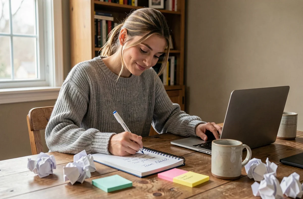 Jeune femme réfléchissant seule à des idées de noms d'équipe dans un carnet sur un bureau à domicile