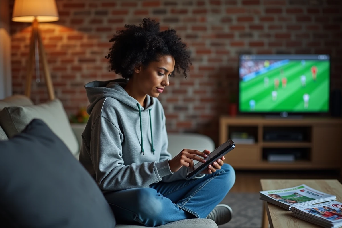 Femme comparant des sites de médias sportifs sur une tablette dans un salon moderne
