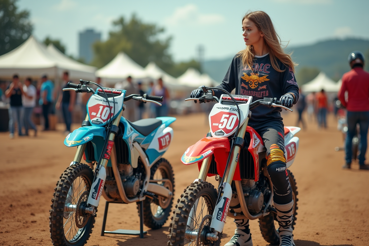 Jeune femme en motocross comparant deux motos 125cc au paddock