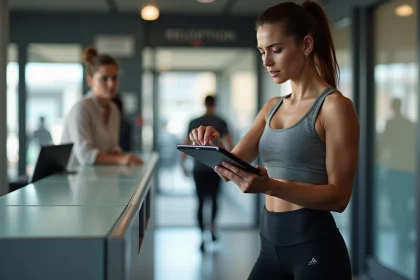 Femme en tenue de sport consultant son contrat d'abonnement Basic Fit à l'accueil d'une salle de gym