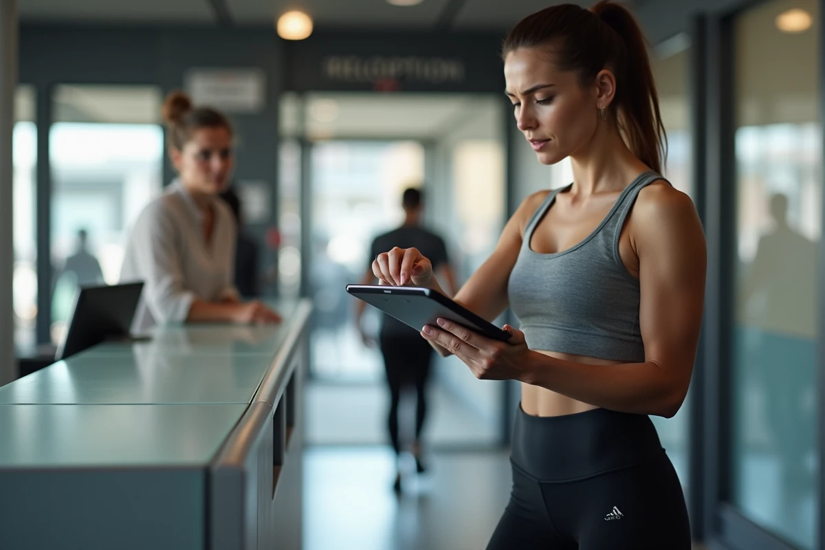 Femme en tenue de sport consultant son contrat d'abonnement Basic Fit à l'accueil d'une salle de gym