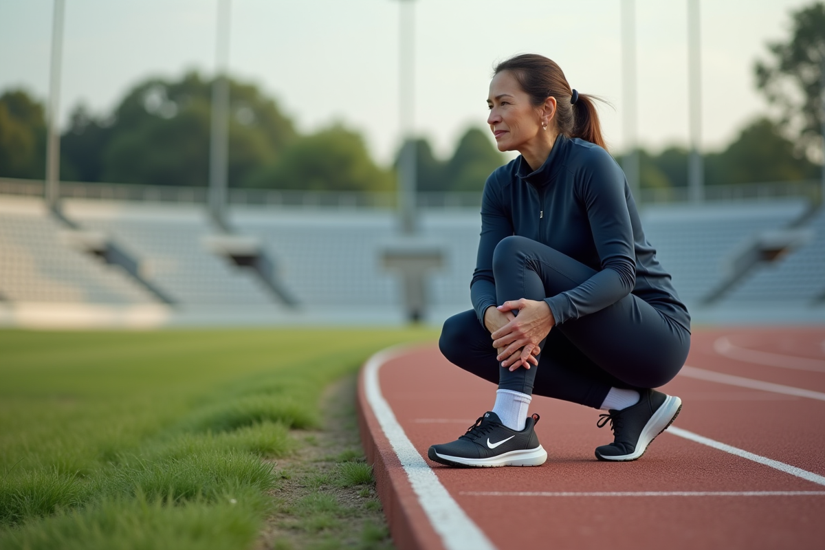 Femme sportive en pleine pause sur la piste en extérieur