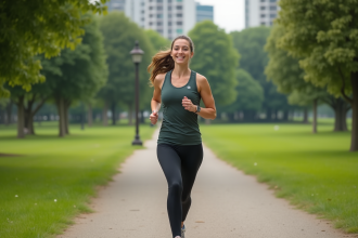 Femme souriante courant dans un parc vert et paisible