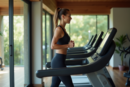 Femme sportive en salle de gym moderne en train de courir