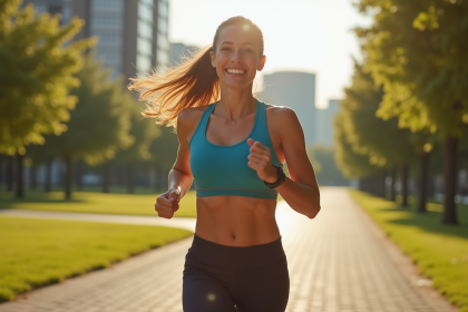Femme souriante en tenue de sport courant en plein air dans un parc urbain