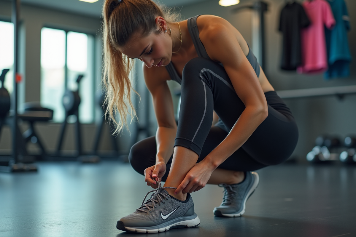 Jeune femme attachant ses chaussures de sport en salle lumineuse