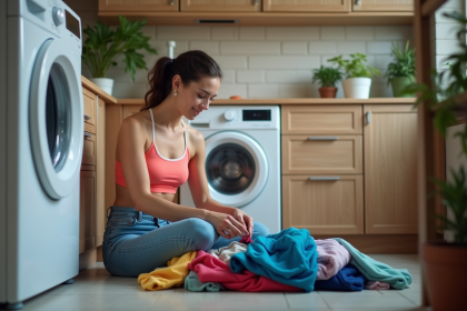 Femme triant des vêtements de sport dans la buanderie