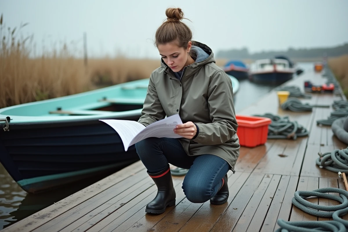 Femme lisant un manuel technique sur le pont du bateau