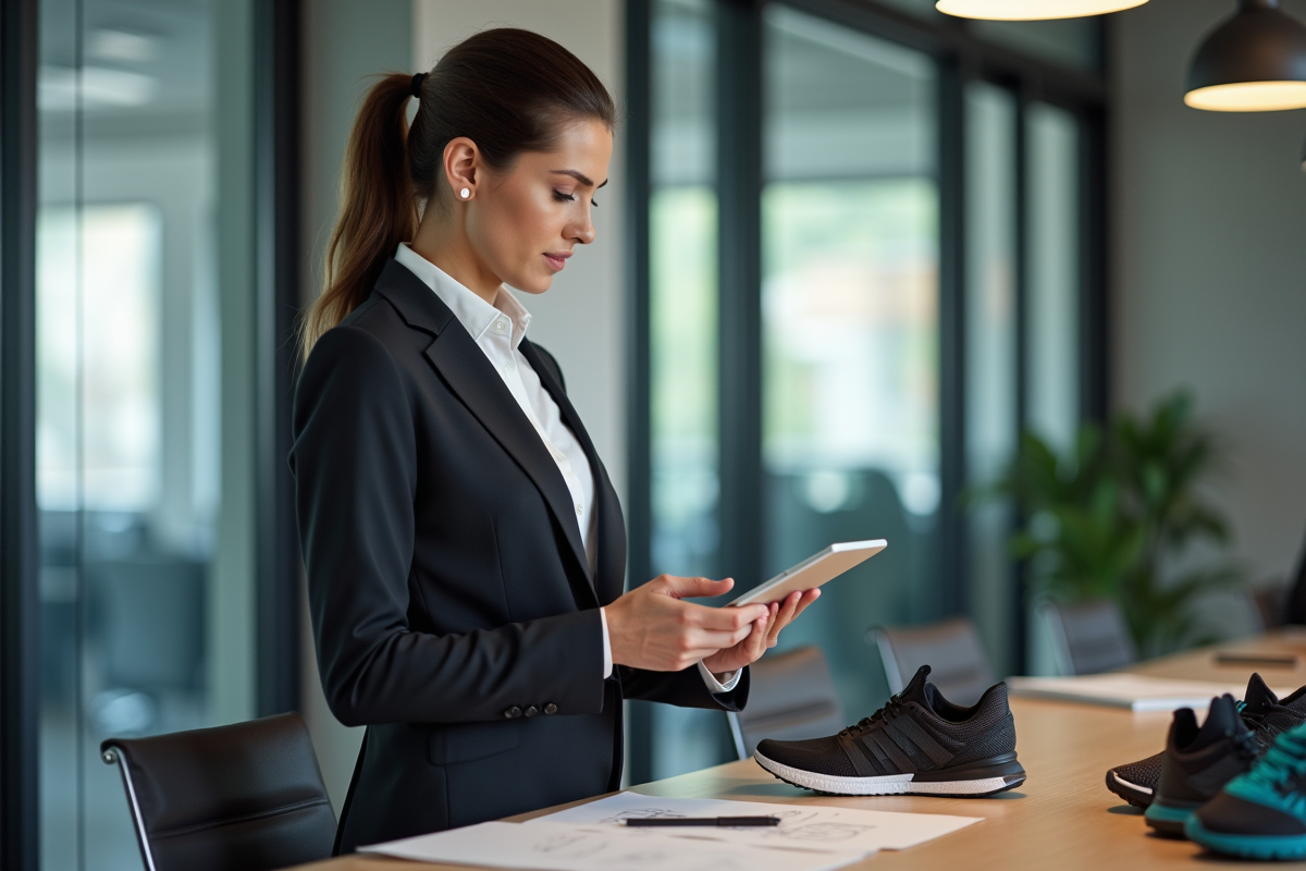 Femme cadre en réunion avec tablette et vêtements sportifs