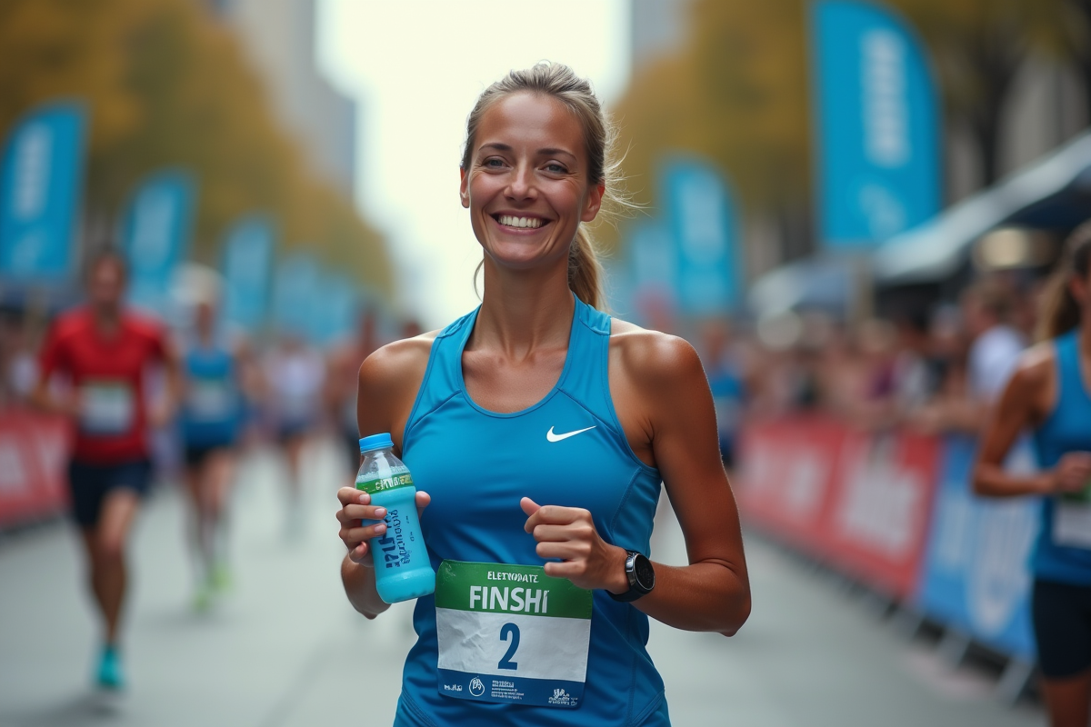 Jeune femme souriante avec bib de marathon près de la ligne d