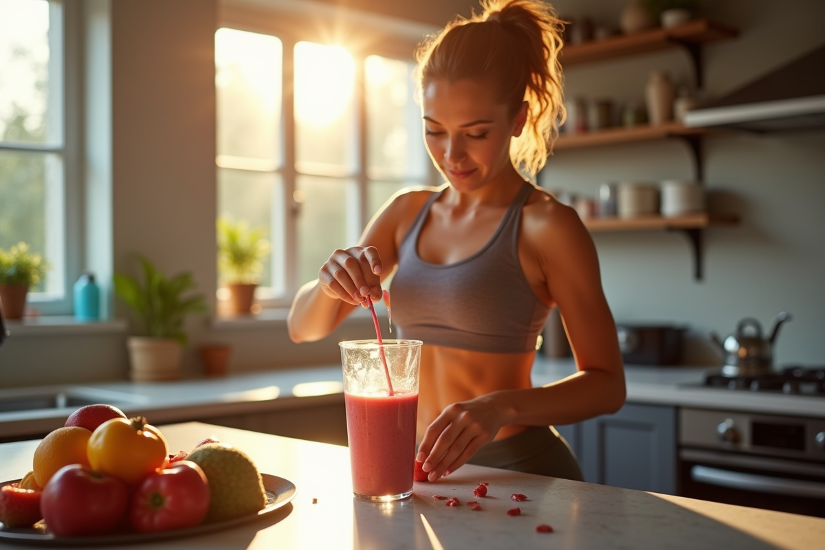 Femme en tenue de sport préparant un smoothie dans la cuisine lumineuse