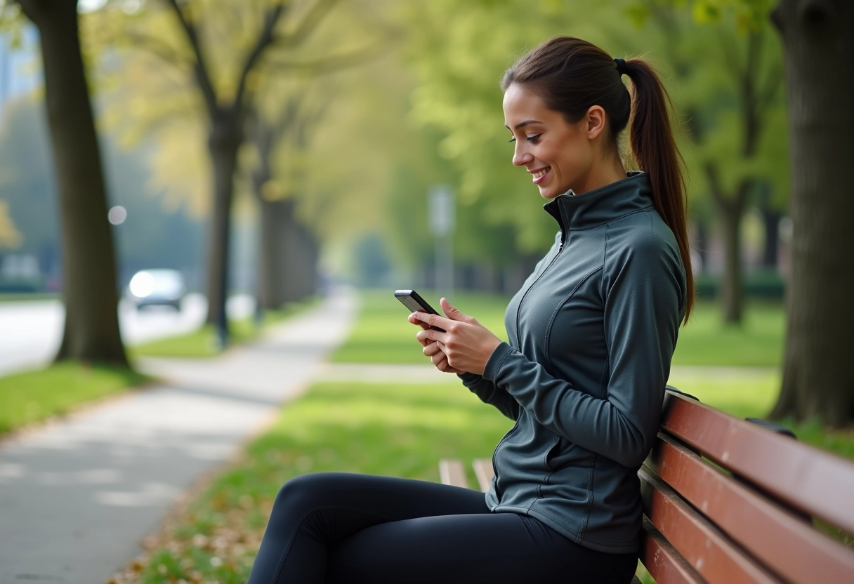 Femme utilisant une application de course dans un parc urbain