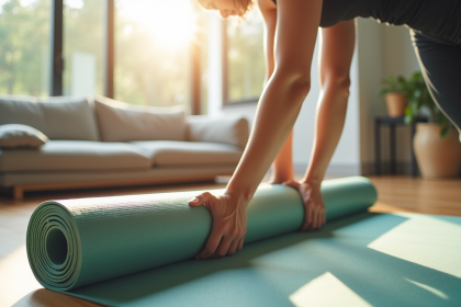 Femme déroulant un tapis yoga de 12mm dans un salon lumineux