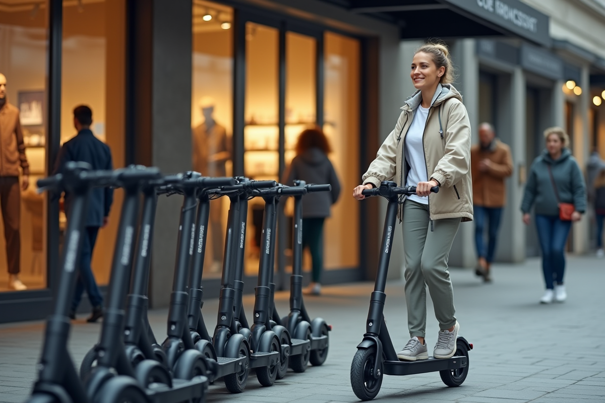Femme roulant en scooter devant un magasin moderne