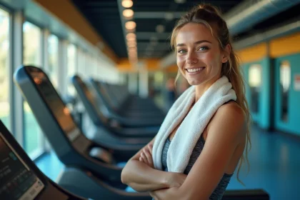 Femme en athleisure dans une salle de sport moderne