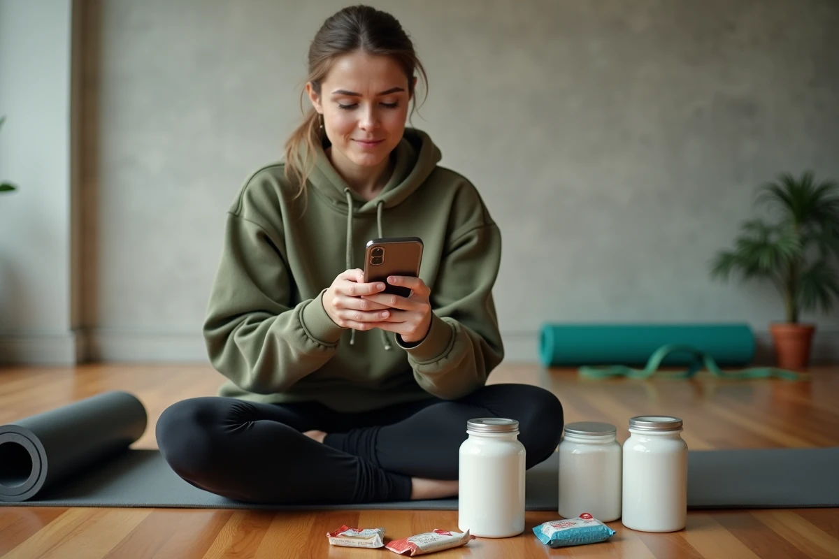 Femme sportive entourée de compléments alimentaires consultant son téléphone pour vérifier des avis en ligne