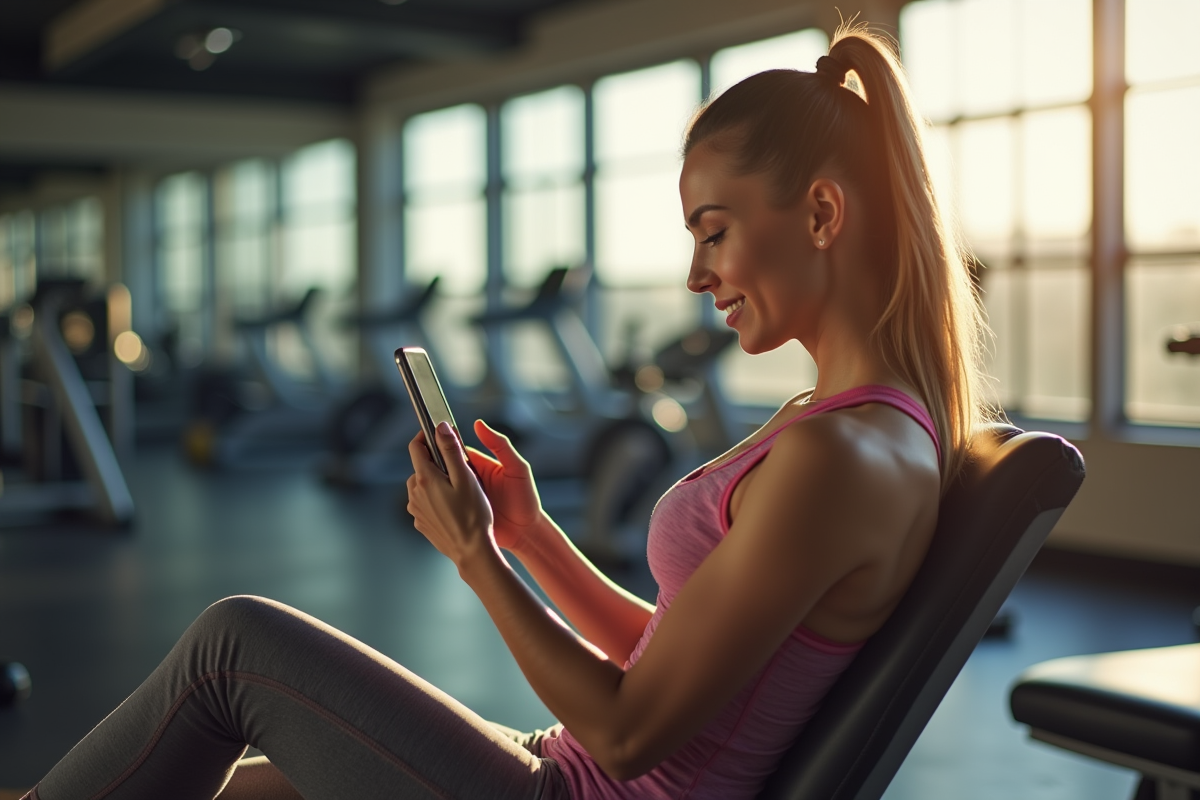 Jeune femme vérifiant son application fitness sur smartphone dans une salle de sport