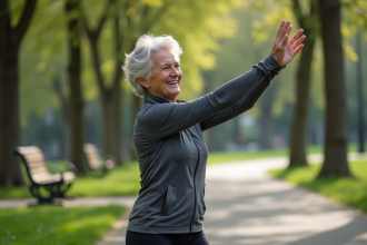 Femme active de 60 ans faisant des étirements dans un parc urbain